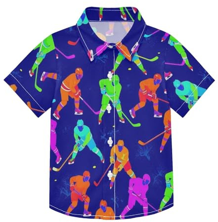 SyXIOP Färgglad ishockeyspelare sömlöst mönster hawaiiansk vardaglig knappskjorta för pojkar kortärmad tryck barn t-shirts 3-10, Färgglad ishockeyspelare sömlöst mönster, 5-6 År