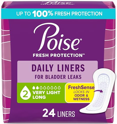 Poise Daily Liners, Incontinence Panty Liners for Bladder Leaks, 2 Drop Very Light Absorbency, Long Length, 24 Count of Pantiliners, Packaging May Vary