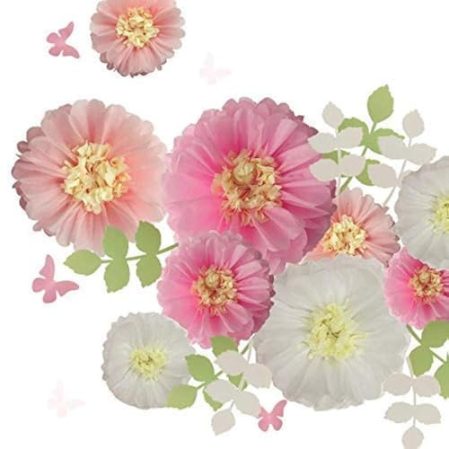 Fonder Mols - Pompon floreali in carta velina con fiori di crisantemo, farfalle e foglie di ulivo, decorazioni per matrimoni, baby shower, feste ed eventi (set da 21 pezzi, bianco e rosa)