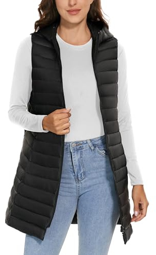 ELFJOY Long Puffer Vest Women Lightweight Down Vest with Hood Winter Warm Womens Vests Outerwear Sleeveless Puffer Jacket