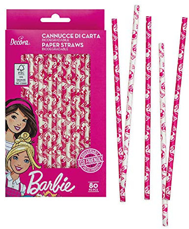 Decora Confezione da 80 Cannucce Barbie Ø 6 X 210 mm, in carta biodegradabile, con inchiostro ad acqua, per dare colore ai tuoi party