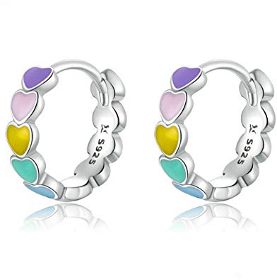 AILUOR 925 Plata de Ley Arco Iris Pendientes de aro para las mujeres Esmalte Corazón Pendientes de aro para las mujeres Cartílago Cute Huggie Pendientes Joyería Regalos de cumpleaños (Plata)