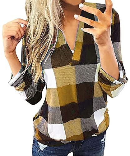 TIMEMEAN Blouses pour Femme Chemise à Col en V à Carreaux Hauts Décontractés à Manches Longues Retroussées Chemisiers De Travail Coupe Slim