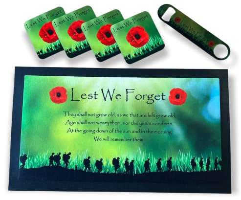 ShopQuality4U Flanders Field Remembrance Bar Runner Mat, Matching Bottle Opener & 4x Drinks Coasters, Metal sign Gift Set | Beer Gifts Home Bar Accessories for Pub Bars Man Cave Him Her Poppy