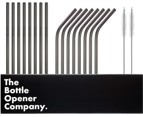 Edelstahl Strohhalme - 16 Metall Strohhalme im Set mit 2 Reinigungsbürsten - Umweltfreundlich - Spülmaschinenfest - Wiederverwendbar (Schwarz) - 21,5 cm - 6 mm Ø