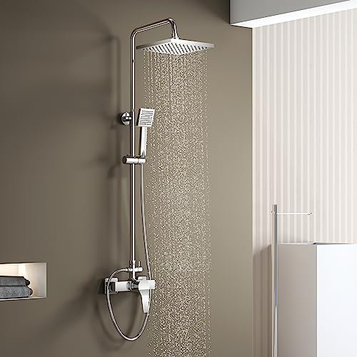 KOMIRO Colonne de Douche avec Mitigeur Monocommande, Colonne de Douche Réglable en Hauteur, Douchette et Pommeau de Douche Ensemble de Douche pour Salle de Bain, Argent1