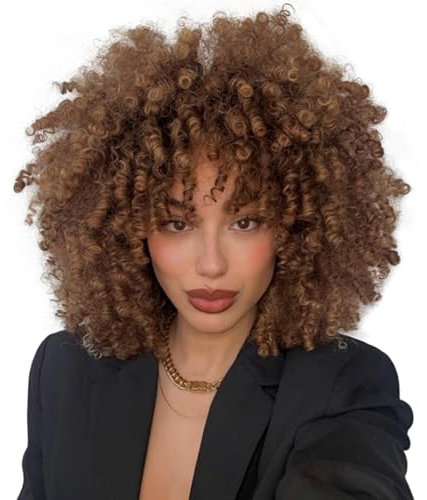 Becus Parrucca Riccia 25,4 Cm Morbide Parrucca Donna Nera Ricce Con Frangia Parrucche Carnevale Sintetiche Uso Quotidiano E Cosplay Donna(Marrone)