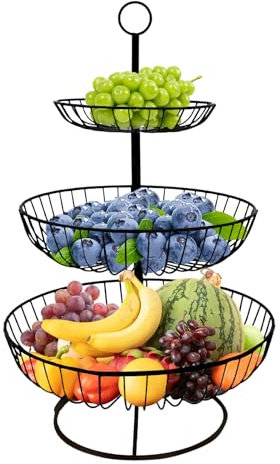 Aiuuee Frutero de 3 niveles, 30 x 48 cm, cesta de frutas grande, color negro, cuenco decorativo para frutas y aperitivos, frutero moderno para almacenar frutas y verduras, aperitivos en la cocina y el