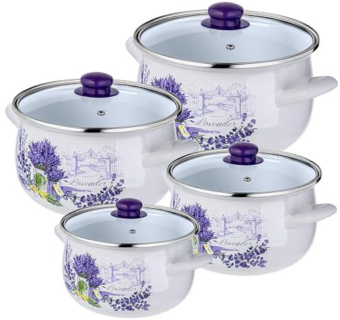 KADAX Set di 4 Pentole Smaltate Con Coperchi, Manici, in Stile Vintage o Moderno (Lavanda)