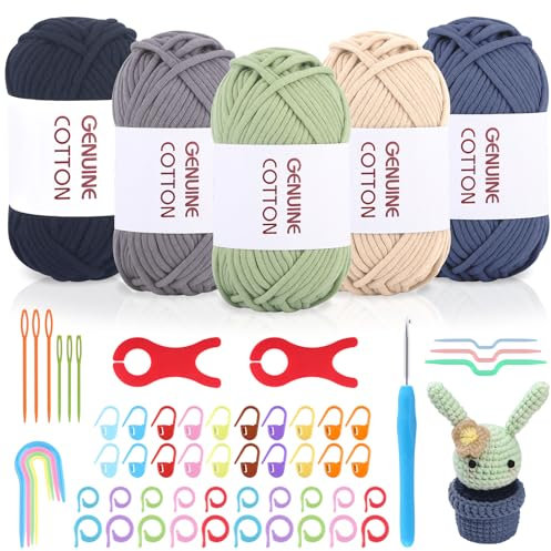 RVLZKCPG 5 Stück Häkelgarn für Anfänger, Dickes Baumwoll-Nylon Schlauchgarn, 5 Farben Textilgarn zum Häkeln, Wolle zum Häkeln Dickes Garn mit Häkelnadelzubehör und Spuler (5 X 50g) (Farbig)