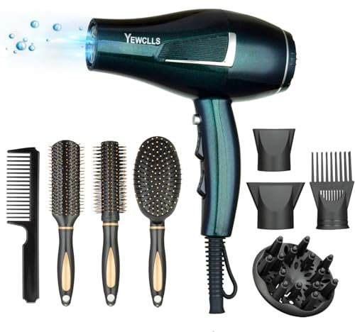 Sèche-cheveux ionique Salon de séchage rapide 2100W professionnel 2 concentrateur 4 peignes 1 diffuseur Salon familial Sèche-cheveux à friser avec bouton froid (Vert)