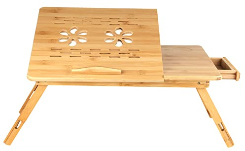 Vikbart sängbord, litet bord för bärbar dator i bambu lutningsvinkel, frukostbricka, sängbord med liten låda, 66 x 35 x 30 cm (A)