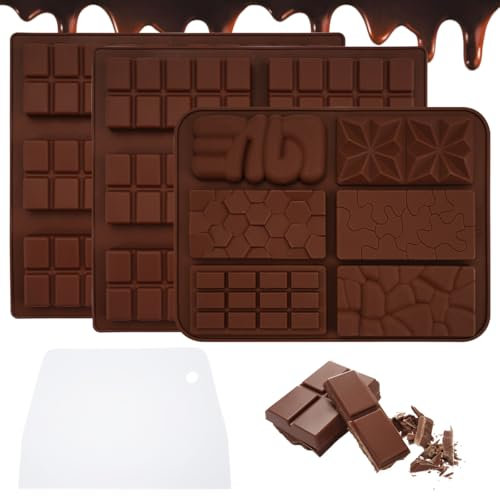 3 Pezzi Stampo per Cioccolato in Silicone Stampo Cioccolato Tavoletta Stampoper Antiaderente Extra Profondo con 1 Spatolaper Stampi Cioccolatini per Fatti in Casa Praline, Caramelle (Marrone)