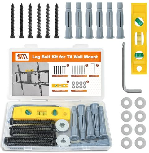 Kit de boulons de retard pour accessoires de montage TV, boulon de retard M8 x 70 mm et rondelle de boulon en bois, ancrages muraux en béton/brique, avec clé Allen et niveau à bulle