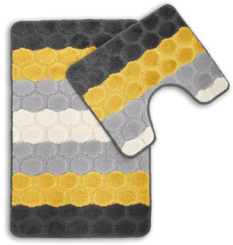 2pc Bath Mat Set Non Slip, Bath & Pedestal Mats, Hex Stripe Design For Bathroom Toilet, 2 Piece, Soft, Absorbent And Slip Resistant (Yellow)
