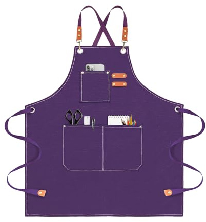 OUNLEN Chef Apron for Men Women Canvas Aprons with 3 Pockets Cross Back Resistant Work Apron for Cooking Grilling Baking BBQ Barber Kitchen (Purple)