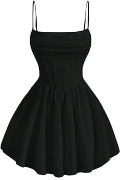 YIMAISZQ Damklänningar volang korsett klänning spaghetti rem passar och utsvängd flödande skater mini cami-klänning - svart xxl