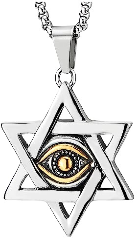 COOLSTEELANDBEYOND Estrella de David Mal de Ojo Colgante Collar para Mujer Hombre, Acero Inoxidable Oro Plata, Cadena de Trigo 75CM