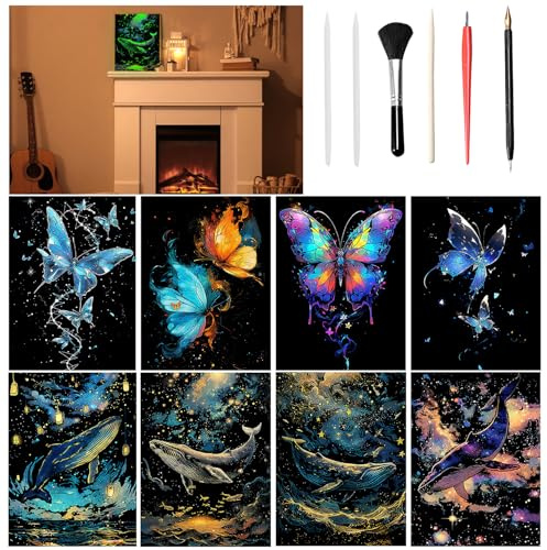 VLYX Arte da grattare per adulti e bambini - Set di 8 note arcobaleno con strumenti per grattare, materiale artistico creativo per bambini e adulti (Farfalla & Balena)