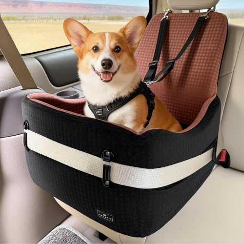 PETSFIT Siège Auto pour Chien, pour Chiens Petits/Moyens jusqu'à 15kg– Système de Sécurité Breveté, Coussin Mémoire de Forme 13cm, Housse Lavable, Coussin Double Face, Idéal pour Voyage- Noir & Marron