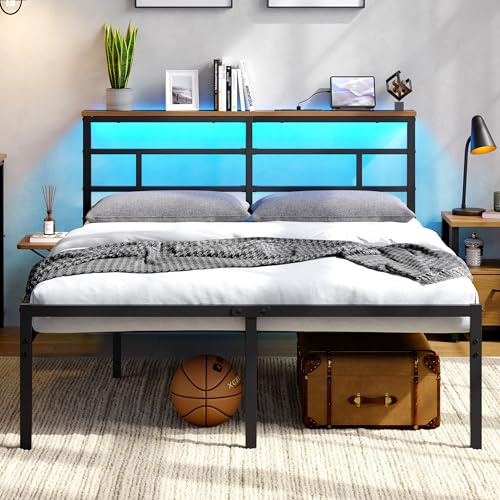 Yaheetech Double Metal Bed Frame with LED Lights Charging Station