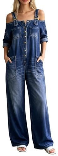Kluantou Mono vaquero para mujer, mono de verano, manga larga, hombros descubiertos, una pieza, pierna ancha, estilo vintage, estilo vaquero, largo, recto, informal, con bolsillos