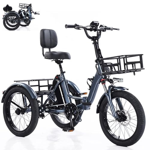 Triciclo elettrico per adulti, pieghevole e resistente, portata massima 200 kg, monopattino a 3 ruote con cestino portaoggetti, guida confortevole.