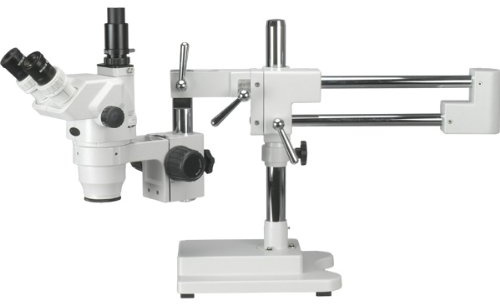 AmScope ZM-4TV3 Professional Trinocular Stereo Zoom Microscope, EW10x and EW20x Eyepieces, 2X-180X Magnification, 0.67X-4.5X Zoom Objective, Ambient Lighting, Double-Arm Boom Stand, Includes 0.3x and 2.0x Barlow Lenses