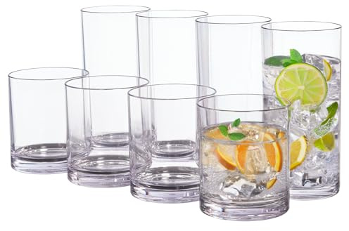 US Acrylic Classic Clear Plastic Reusable Drinking Glasses (Set of 8) 12oz Rocks & 16oz Water Cups | BPA-Free Tumblers, Made in USA | Top-Rack Dishwasher Safe