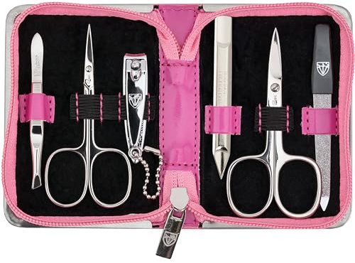 DREI SCHWERTER - 6-tlg. Maniküreset 'Ravenna' | Hochwertiges Nagelpflegeset in pinkem Kunstleder Etui | Inhalt: Nagelschere, Hautschere, Nagelknipser, Saphirnagelfeile, Nagelreiniger, Pinzette