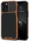 TENDLIN Compatible with iPhone 12 Pro Max Case Wood Grain with Carbon Fiber Texture Design Leather Hybrid Case Black
