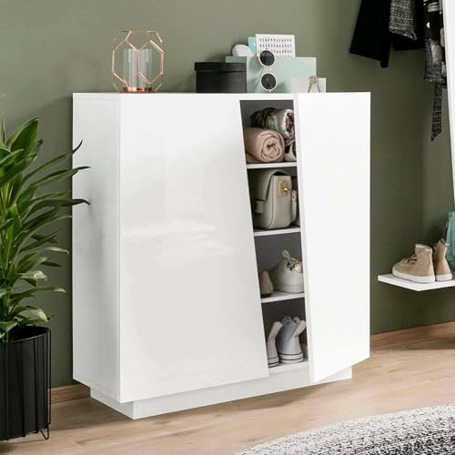Dmora - Schuhregal Joel, Mehrzweckschrank mit 2 Türen, Schuhregal für den Eingangsbereich, 100 % Made in Italy, 80 x 38 x 86 cm, glänzend weiß,
