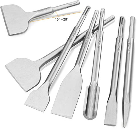 7PCS SDS-Plus Chisel Set for Rotary and Demolition Hammers - Tile, Grooving, Scraping, Flat, Point, Scaling, and Angled Chisels