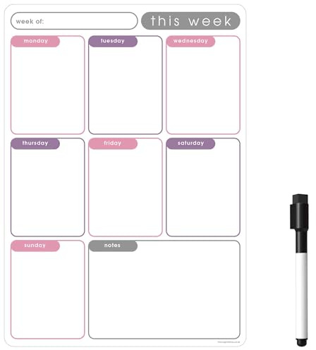 TMS A3 Magnetic Weekly Planner Whiteboard for Fridge | Dry Wipe Calendar, Meal Planner, or Memo Board | Plan Family or Business Tasks | Dry Erase to Do List Magnet | with 1 Dry Erase Pen [42 x 30cm]