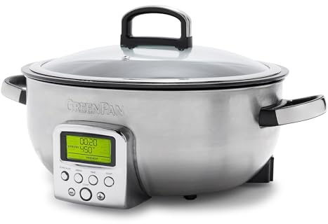 GreenPan Elite 5,6 L smart elspis, specifikationer för sautépande, ris, hälsosam non-stick keramik utan PFAS och diskmaskinstvättbara delar, LED-display, rostfritt stål