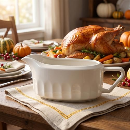 Cobata 24oz Large Capacity Gravy Boat - Upgrade Premium White Sauce Boat - Elegant Pouring Spout - Perfect for Serving Gravy, Sauces, Dressings - Dishwasher Safe