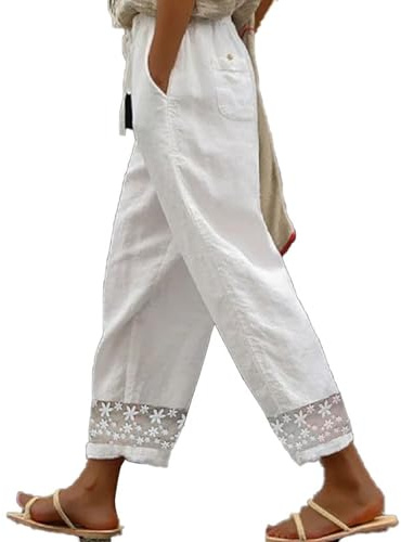 Womens Linen Trousers with Elasticated Waist Lace Legs Design Cropped Trousers Wide Leg Lightweight with Drawstring Pockets Casual Loose Palazzo Pants Hollow Beach Bottoms for Holiday White