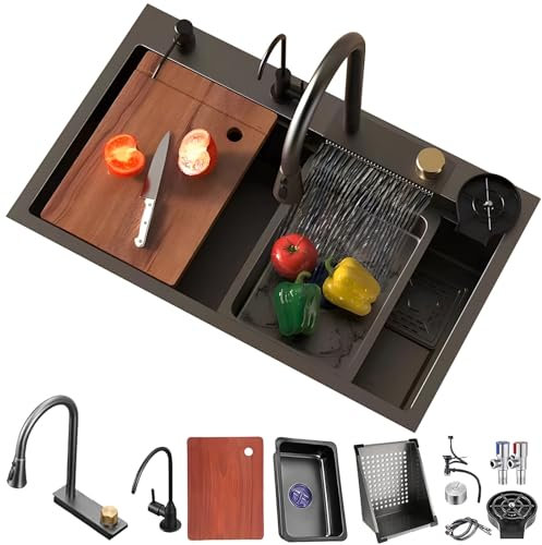 Évier Cascade, Évier De Cuisine En Acier Inoxydable Noir, Poste De Travail À Cuve Unique Avec Lave-verres, Panier De Vidange Et Robinet Extractible, Évier À Montage Sur Le Dessus, Avec Revêtement Nano