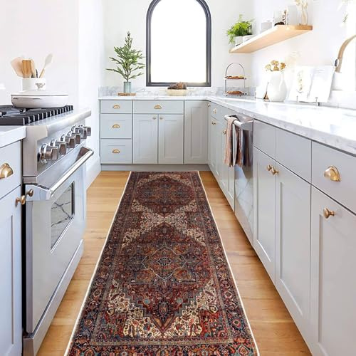 PESSEN Red Washable Runner Rug 2x6 for Hallway Kitchen Bedroom Beside Laundry Room Bathroom Rug, Pet & Kids Friendly, Non Slip Low Pile Stain Resistant Soft Faux Wool Long 24 x 72 Floor Carpe