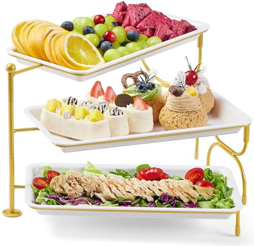 Lifewit Vassoio da Portata 3 Piatti, Vassoio Plastica Rettangolo 30 × 17cm, Alzate per Buffet Dolci, Portafrutta da Tavolo, Cucina Decorativo, Vassoi e Piatti con Ripiani, Rastrelliera in Metallo Oro