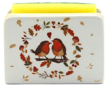 Porte Éponge en céramique décoré d'oiseaux - Collection Beky - 12 x 9 cm