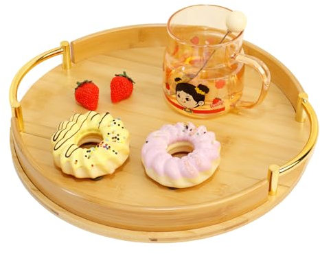 WNYDTSOG Bandeja de bambú para servir redonda con mango de metal, bandeja de madera para desayuno, té, mesa de café, bandeja redonda decorativa (natural-35 cm)