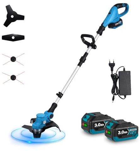 Corte de Borde Inalámbrico con 2 Baterías, 21 V Desbrozadora Eléctrica Inalámbrica, 3 en 1 con 3 Tipos de Cuchillas reemplazables de Cuchillas para Corte de Jardín, Césped y Tierras Agrícolas