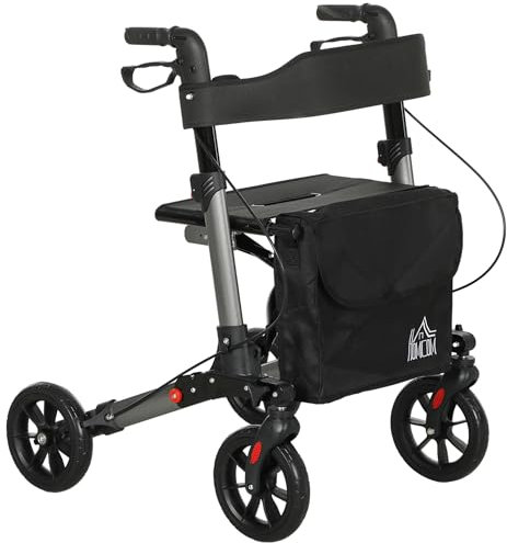 HOMCOM Deambulatore per Anziani Pieghevole ad Altezza Regolabile, Rollator Deambulatore con Seduta, 4 Ruote, Freni Doppie e Borsa Portaoggetti, Girello per Anziani e Disabili in Alluminio, Nero