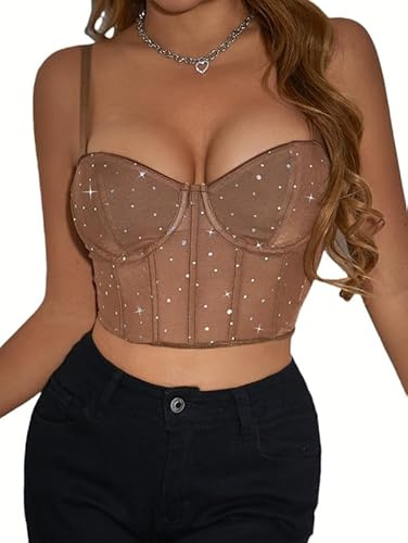 Sukiglam Damlinne, glittrande korsett, topp, sommar, topp, sexig spets, bustier, spagettiband, korsett med push up effekt, crop toppar, fest, corsage rave outfit, Y2k, linne, basic, camisole, BRUN, M