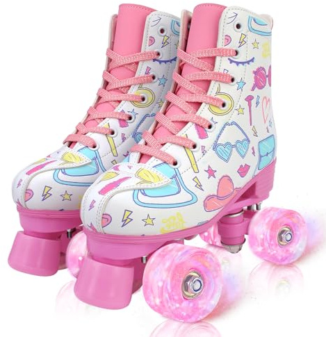 XUDREZ Rullskridskor för flickor, lyser upp barn, rullskridskor med dubbla rader hög topp, rosa graffitirullskridskor med fyra skridskor (vit med blinkande hjul, 89–22,8 cm - UK 3,5)