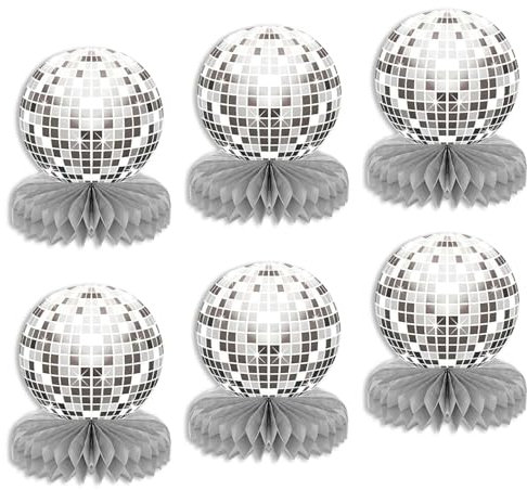 1 Set of 6 Disco Themed Honeycomb Birthday Party Glitter Paper Ball Desktop Retro Maniac 70s, 80s, 90s Decorations(Silvery）