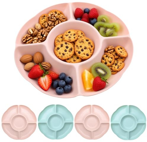 TULEBOLIAN 4 X 5 Sectional Round Plastic Appetizer Snack Serving Platter, Compartment Trays, Reusable Party Appetizer Platter with Dividers for Movie Night, 9.65in (Pink+Green)