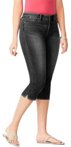 Dam mjuk denim capri, caprijeans för kvinnor hög midja smal rak stretchig denim capribyxor, retro casual, Svart, L