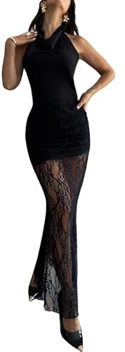GORGLITTER spetskjol hög midja maxikjol elegant fisksvans kjol långa kjolar festkjol festival outfit, svart, M
